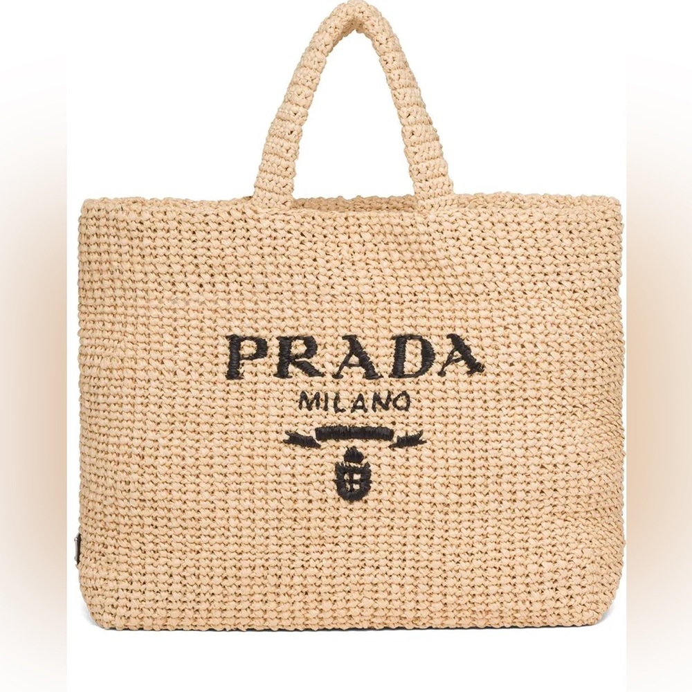 New Prada Large Logo Raffia Tote